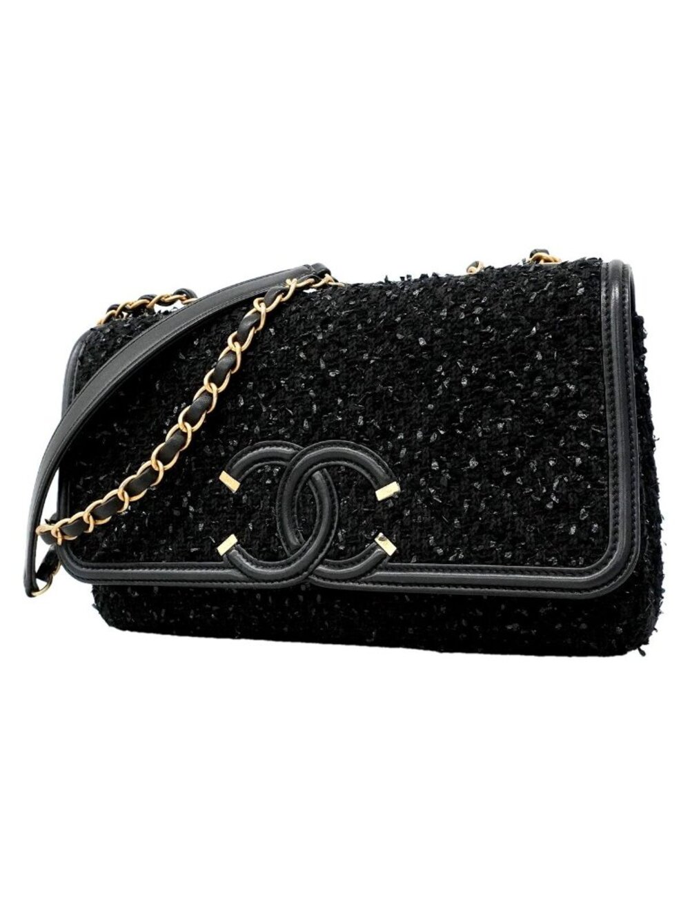 Chanel Shoulder Bag CC Filigree Tweed Black Champagne Gold